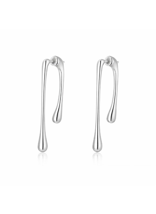 SHOWDAY Gold-Plated Stainless Steel Dangle Earrings for Women | Modern Fluid Water Drop Design | Lightweight & Hypoallergenic Stud Earrings for Everyday & Evening Wear (Silver) - Image 1